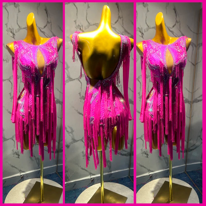 Women's Fuchsia Rhinestone Fringe Latin Dance Dress with Long Sleeves