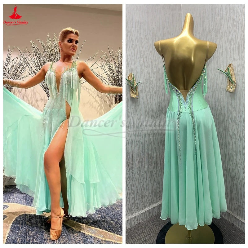 Women's American Style Ballroom Dance Dress With High Slit For Competition And Performance