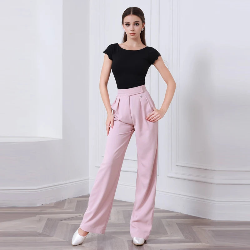 Women's Pink High-Waisted Wide Leg Ballroom Dance Pants