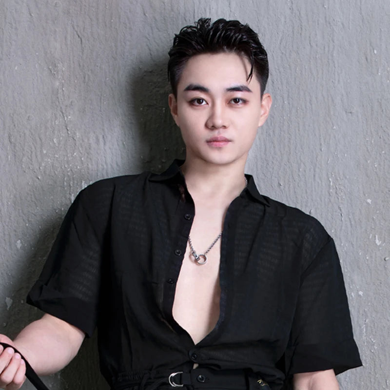 Men's White Linen Short-Sleeve Shirt with Silver Chain and Blue Pleated Trousers