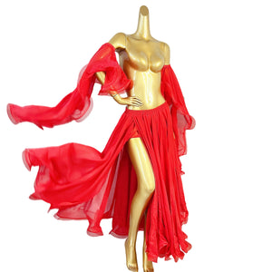 Belly Dance Costume, Women's Red Chiffon Long Sleeve Top and Slit Skirt Set, Performance Wear