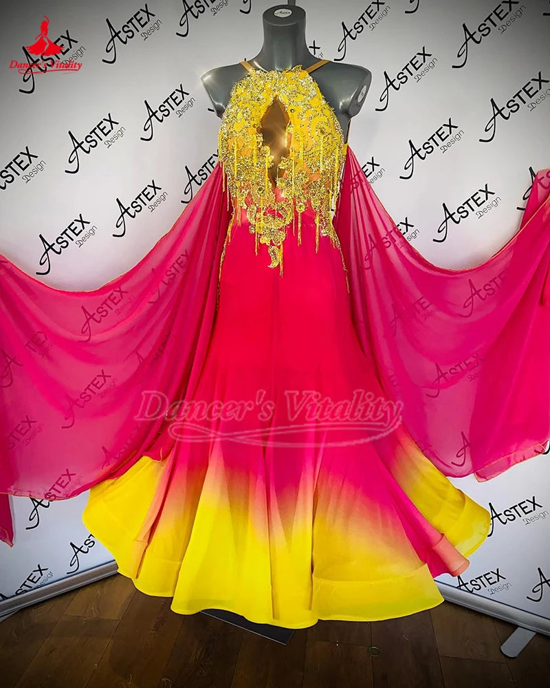 Women's Ballroom Dance Dress Sleeveless Chiffon Ombre Full Skirt For Waltz Foxtrot Competition