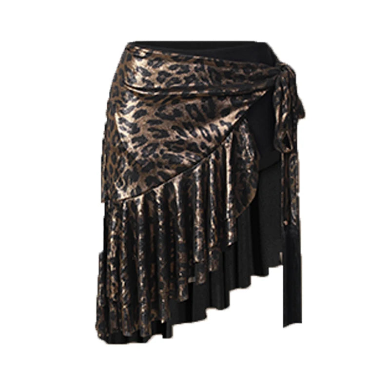 Women's Black Glitter Long Sleeve Crop Top and Leopard Print Ruffle Skirt Latin Dancewear, Women's Burgundy Glitter Long Sleeve Crop Top and Leopard Print Ruffle Skirt Latin Dancewear, Women's Gold Glitter Long Sleeve Crop Top and Leopard Print Ruffle Ski