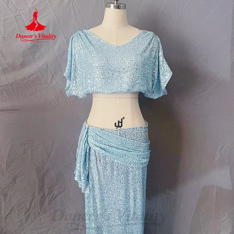 Women's Light Blue Sequin Two-Piece Crop Top and Skirt Set with Draped Detail for Belly Dance
