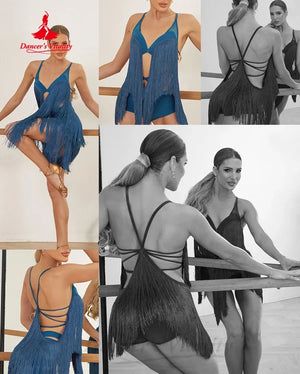 Women's Black Fringe Latin Dance Dress with Mesh and Open Back
