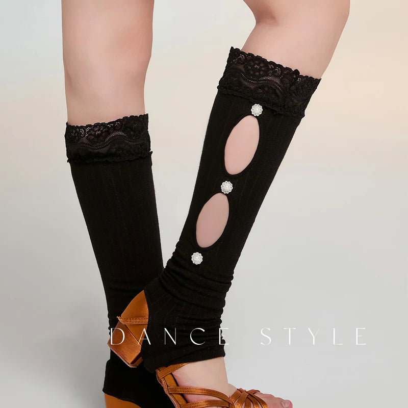 Dance Leg Warmers Women's Black Lace Trim Cutout Embellished Ribbed Knit Latin Dance Warm-up Wear
