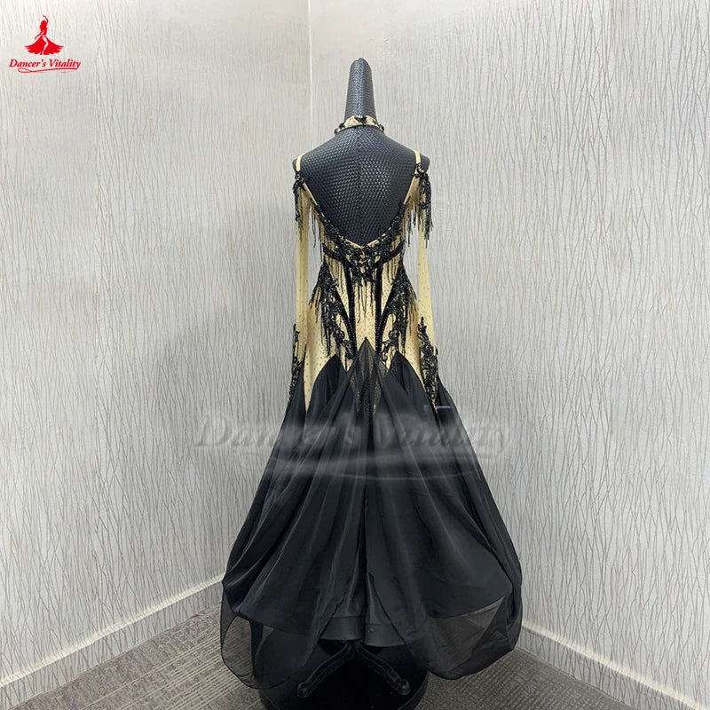 Ballroom Dance Dress Women's Black & Gold Beaded Fringe Long Sleeve Standard Smooth Competition Gown