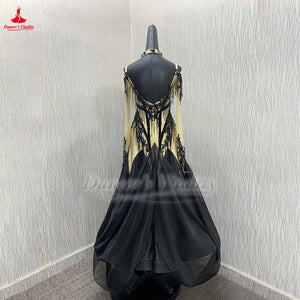 Ballroom Dance Dress Women's Black & Gold Beaded Fringe Long Sleeve Standard Smooth Competition Gown