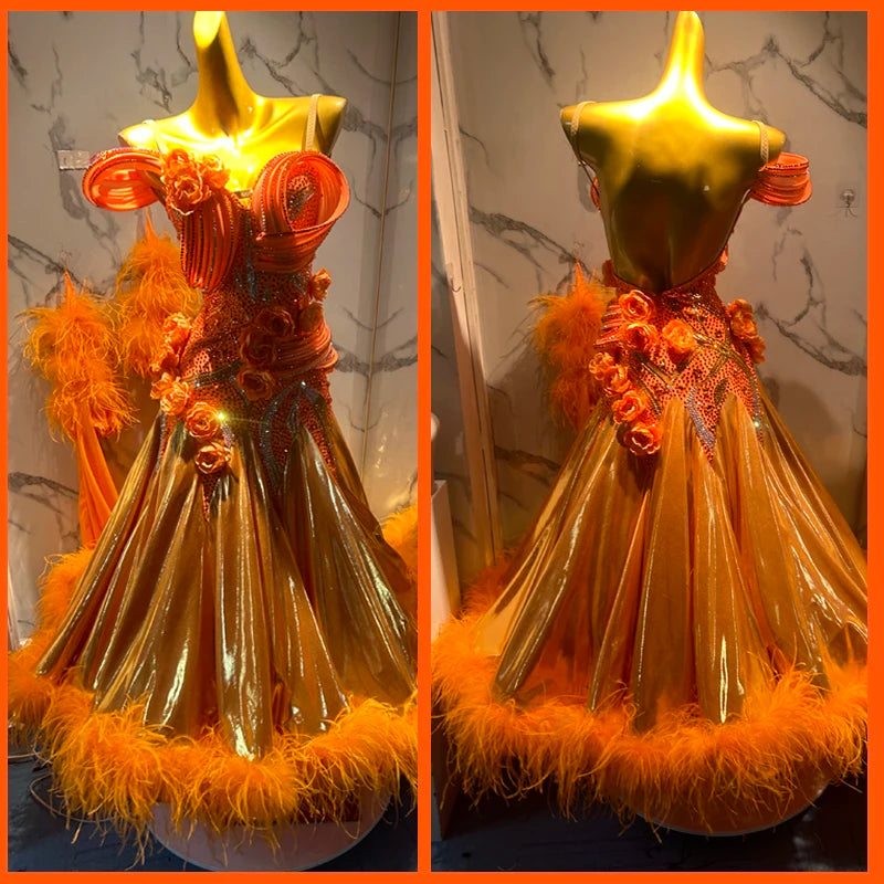 Ballroom Dance Dress Women Orange Sequin Feather Floral Standard Smooth Gown