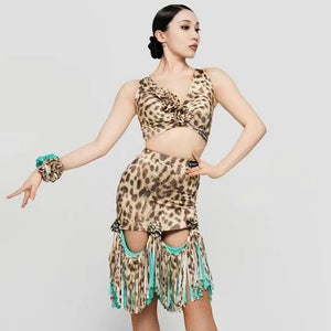 Women's Leopard Print Pink Fringe Latin Dance Dress, Mesh Sleeves