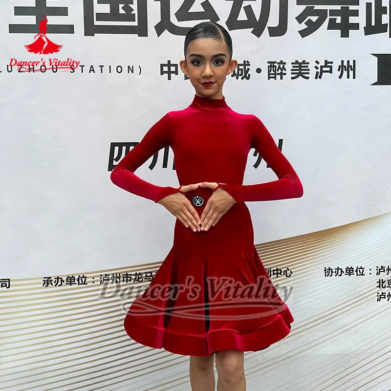 Teen Latin Dance Long-Sleeve Velvet Two-Piece Set For Competition And Training