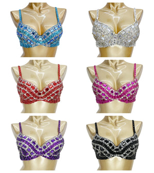 Belly Dance Bra, Women's Red Bejeweled Sequin Embellished Rhinestone Costume Top, Belly Dancing