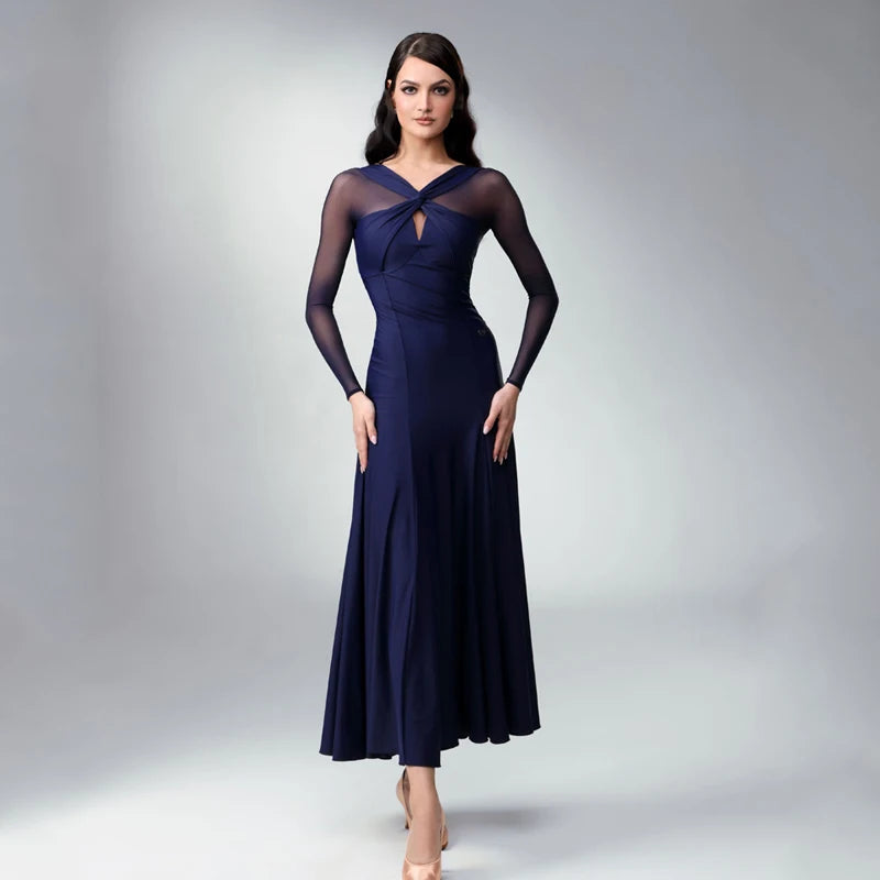 Women's Red Mesh Long Sleeve Ballroom Dance Dress, Women's Black Mesh Long Sleeve Ballroom Dance Dress, Women's Navy Blue Mesh Long Sleeve Ballroom Dance Dress