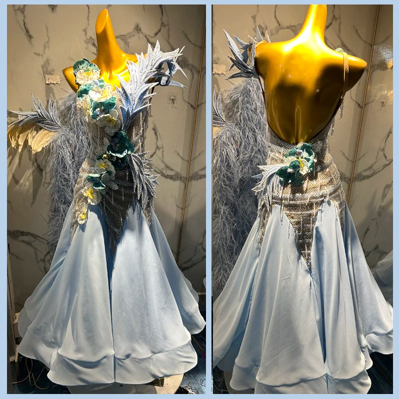 Ballroom Dance Dress Women's Light Blue Embellished with Feathers & Floral Appliques Open Back Standard Smooth Gown