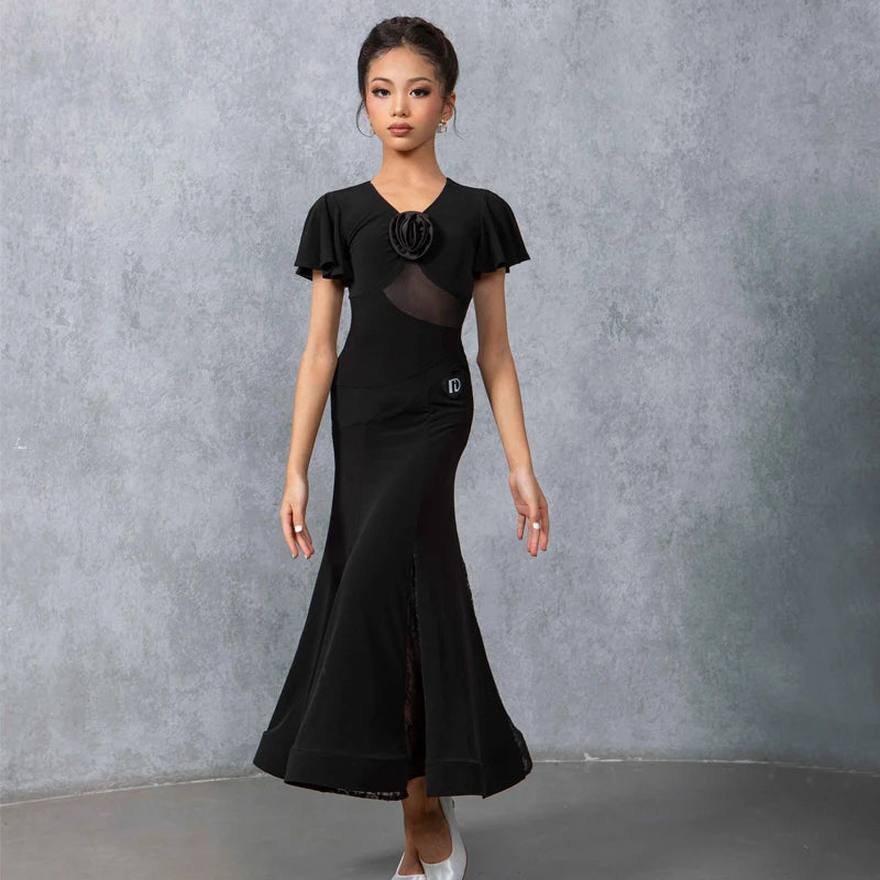Women's Black Mesh & Ruffle Sleeve Ballroom Dance Dress with Floral Applique