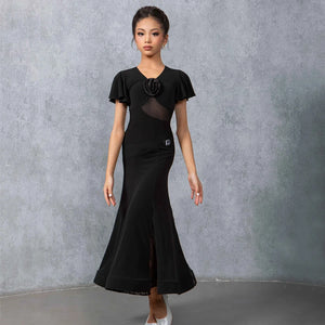 Women's Black Mesh & Ruffle Sleeve Ballroom Dance Dress with Floral Applique