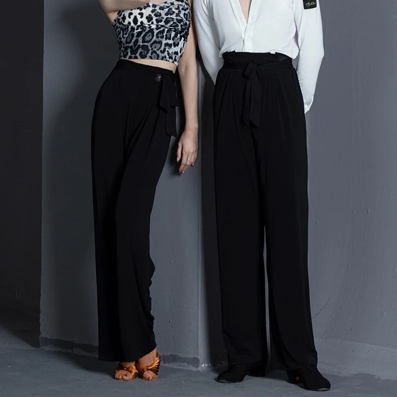 Dance Pants Women's Black High-Waisted Wide Leg Tie-Waist Ballroom Latin Dance Trousers