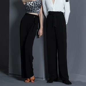 Dance Pants Women's Black High-Waisted Wide Leg Tie-Waist Ballroom Latin Dance Trousers
