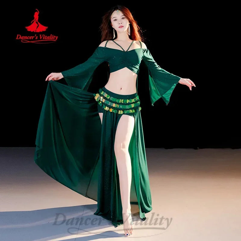 Belly Dance Costume Women Black Off-Shoulder Crop Top Long Sleeve with Slit Skirt and Sequin Hip Scarf Set