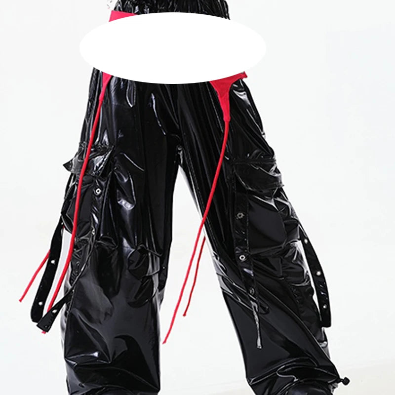 Dance Costume Girls Black White Red Checkered Crop Top Shiny PU Cargo Pants Hip Hop Street Dance