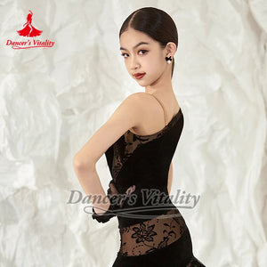 Women's Black Velvet & Lace Mesh Latin Dance Dress with Ruffled Hem