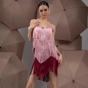 Women's Pink & Burgundy Ombre Fringe Latin Dance Dress