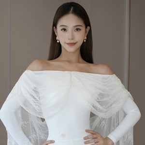 Women's White Off-Shoulder Long Sleeve Lace Ballroom Dance Dress with Asymmetrical Skirt