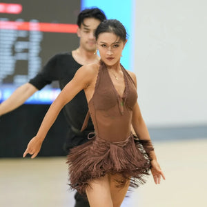 Women's Black & Brown Lace Halter Neck Fringe Latin Dance Dress