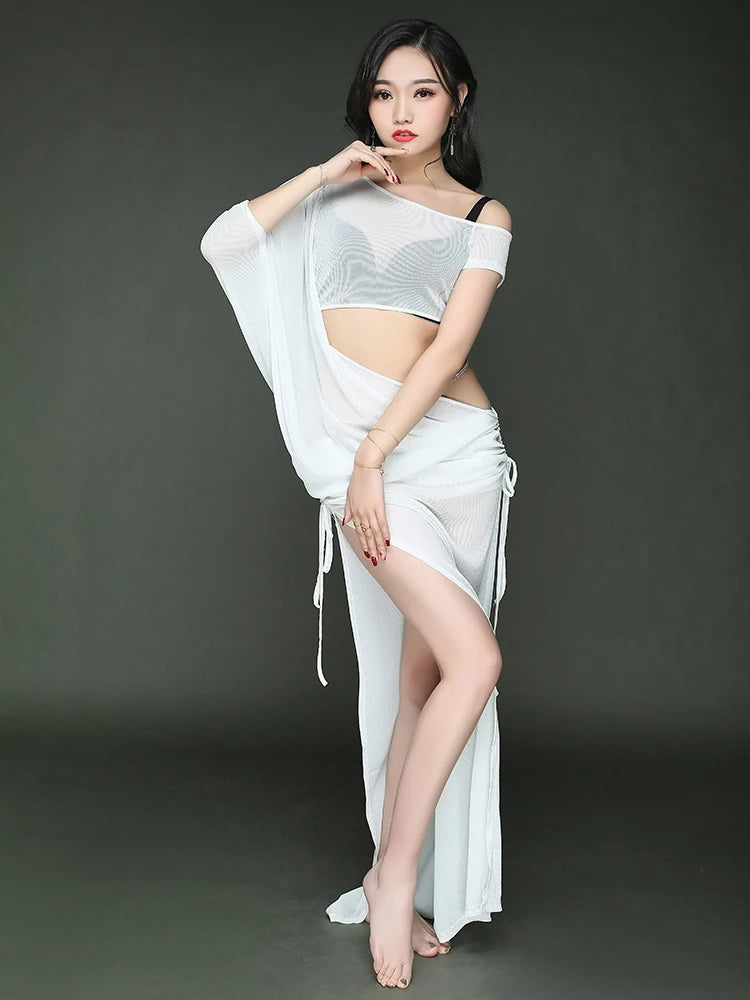 Women's Belly Dance Long Dress Costume With Short Sleeves For Performance