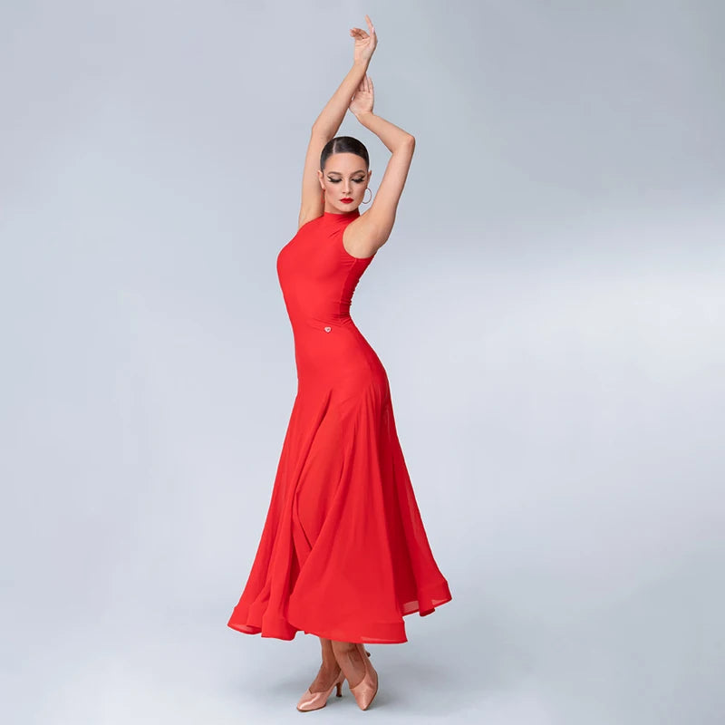 Women's Red High Neck Sleeveless Back Lace-Up Ballroom Dance Dress
