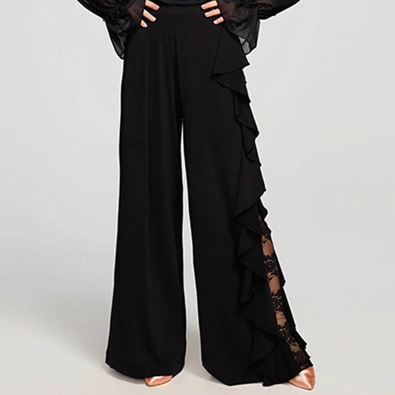 Women's Black & White Chiffon & Spandex Ruffled Wide-Leg Ballroom Dance Pants & Blouse Set