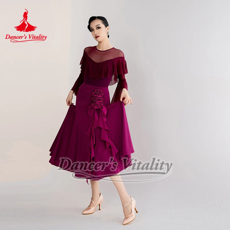 Women's Magenta Ruffled Mermaid Skirt for Latin Ballroom Dance