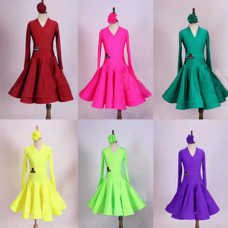 Girls Ballroom Dance Dress Red, Pink, Green, Yellow, Lime Green, Purple Long Sleeve V-Neck Competition Costume