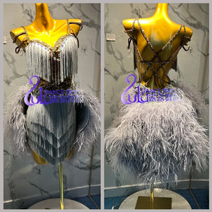 Latin Dance Dress Women's Yellow Fringe & Ostrich Feather Rhinestone Embellished Performance Costume