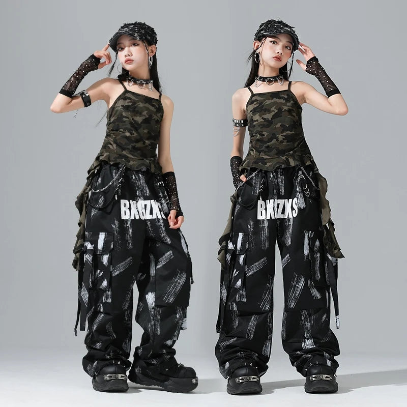 Kids Girls Camouflage Cami Top Black White Print Cargo Pants Hip Hop Dance Costume
