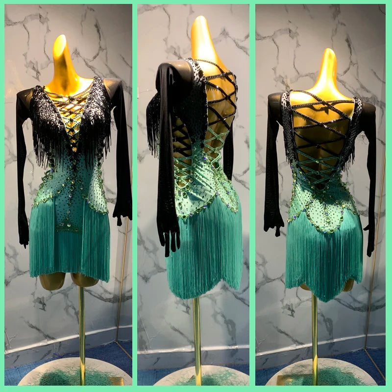 Women's Black & Aqua Fringe Latin Rhythm Dance Dress with Long Sleeves & Open Back