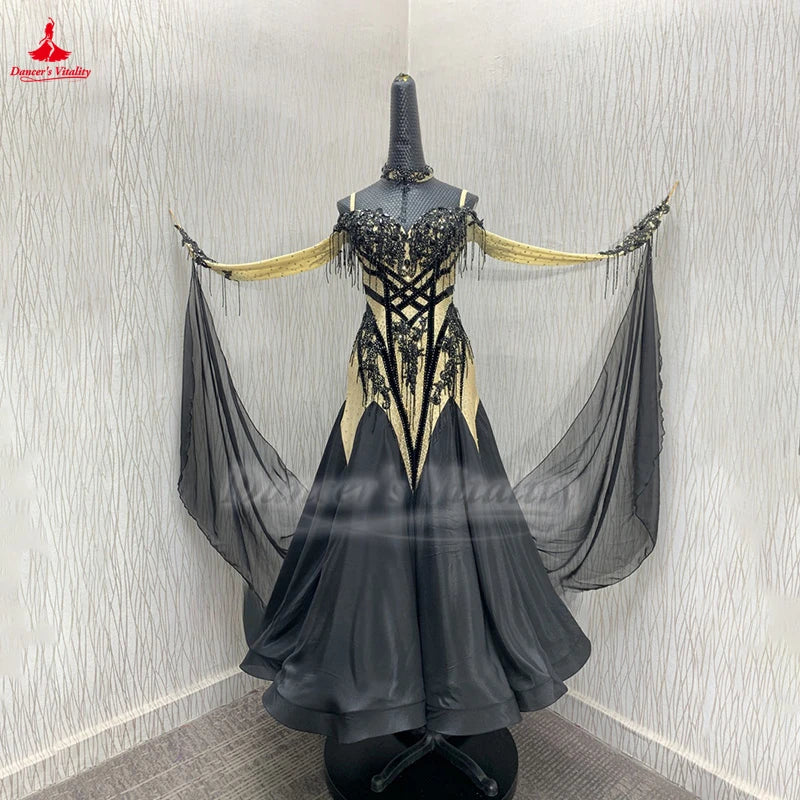 Ballroom Dance Dress Women's Black & Gold Beaded Fringe Long Sleeve Standard Smooth Competition Gown