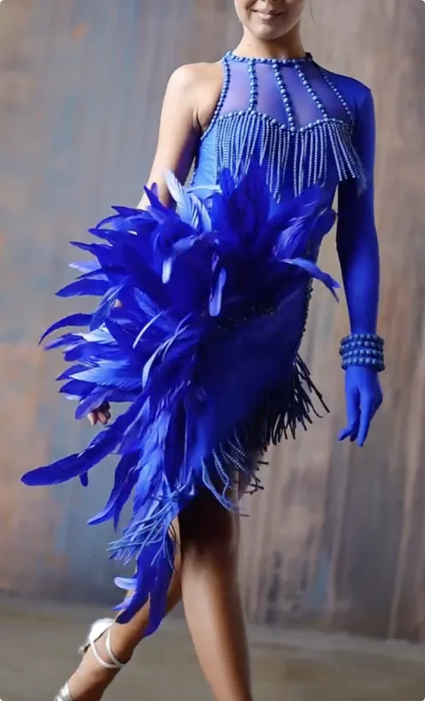 Girls' Blue Beaded Fringe Feather Latin Dance Dress