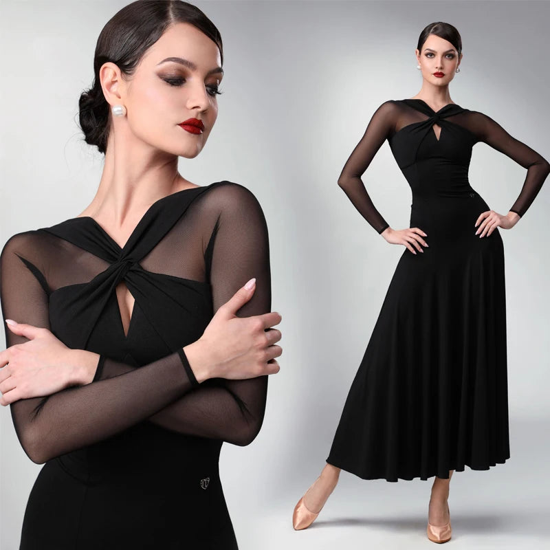 Women's Red Mesh Long Sleeve Ballroom Dance Dress, Women's Black Mesh Long Sleeve Ballroom Dance Dress, Women's Navy Blue Mesh Long Sleeve Ballroom Dance Dress