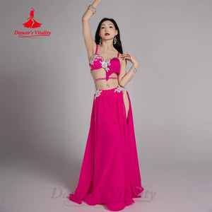 Belly Dance Costume Women Hot Pink Sequin Fringe Bra & Slit Skirt Set Chiffon Performance Outfit