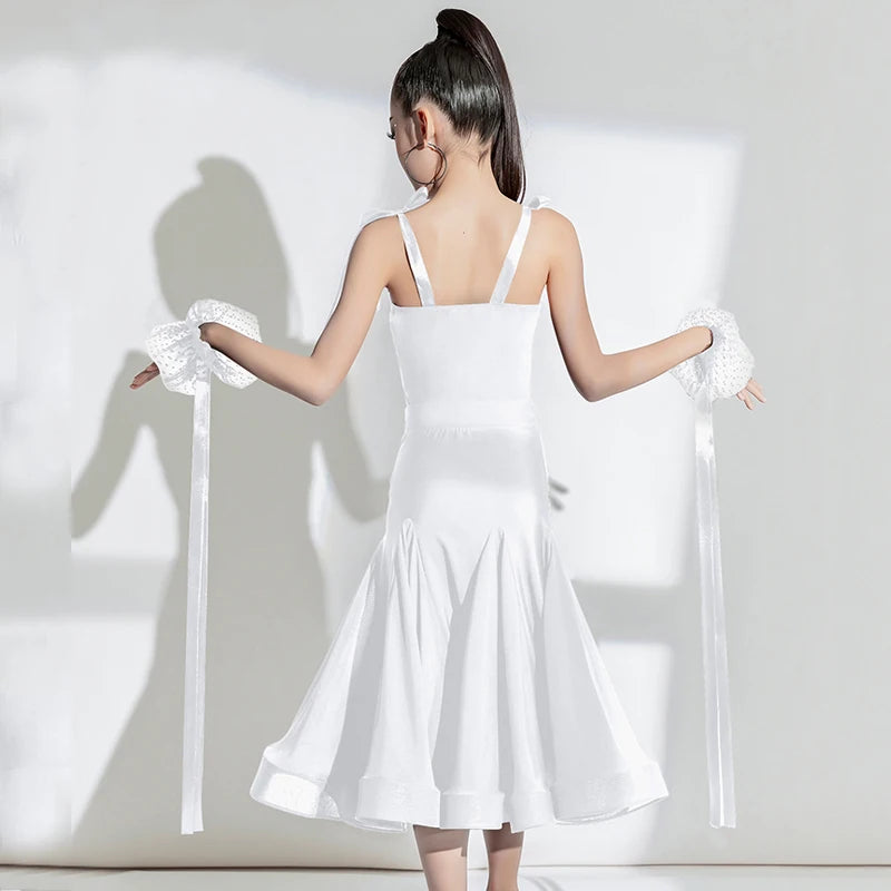 Girls' White & Black Spaghetti Strap Floral Embellished Satin Ballroom Dance Dress