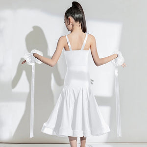 Girls' White & Black Spaghetti Strap Floral Embellished Satin Ballroom Dance Dress