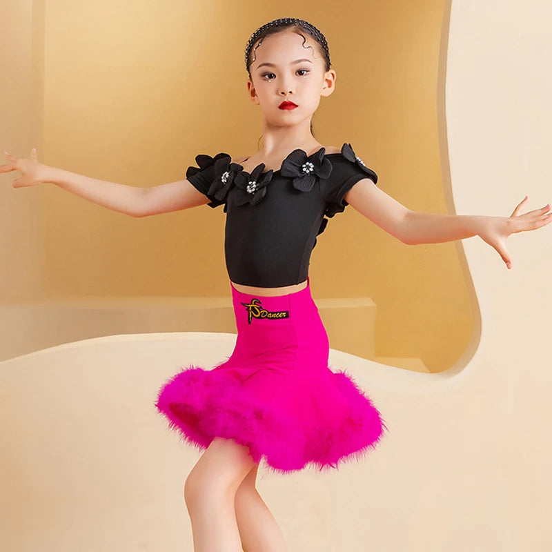 Girls Fuchsia Pink Feathered Latin Dance Skirt Set with Black Off-Shoulder Floral Top