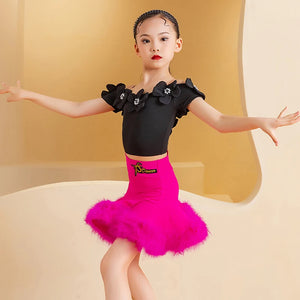 Girls Fuchsia Pink Feathered Latin Dance Skirt Set with Black Off-Shoulder Floral Top