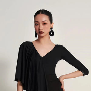 Women's Black V-Neck Long Sleeve Top and Wide-Leg Pants Set, Pleated, Ballroom Dance