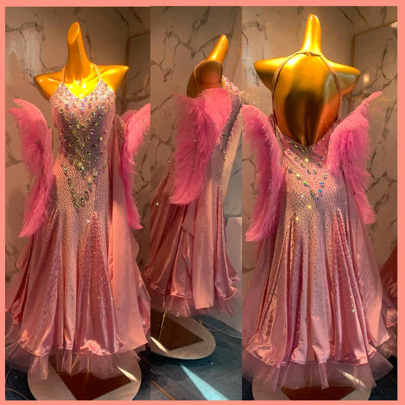 Ballroom Dance Dress Women's Pink Halter Sequin Feather Satin Mesh Gown