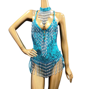 Women's Olive Green Beaded Sequin Halter Neck Fringe Latin Dance Leotard