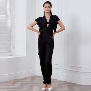 Dance Bodysuit Jumpsuit, Women's Black Lace Cutout Ruffled Sleeve Lycra Latin Dance Jumpsuit