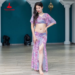 Belly Dance Costume Women's Floral Print Chiffon Crop Top and Skirt Set, Flowy Short Sleeve, V-Neck, Adjustable Skirt, Performance Wear