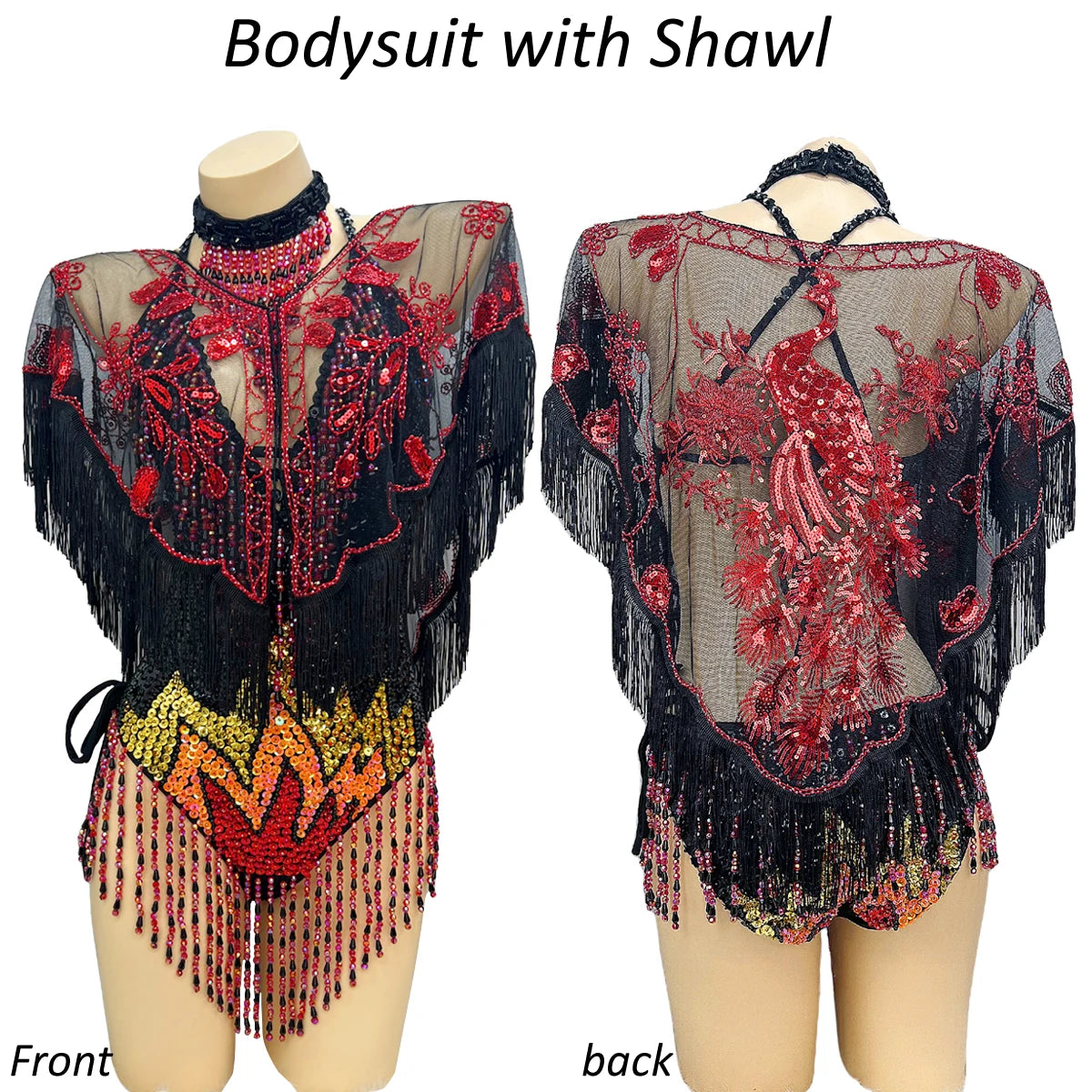 Bodysuit, Women's, Black/Red/Gold, Sequin Beaded Fringe, Latin Dance